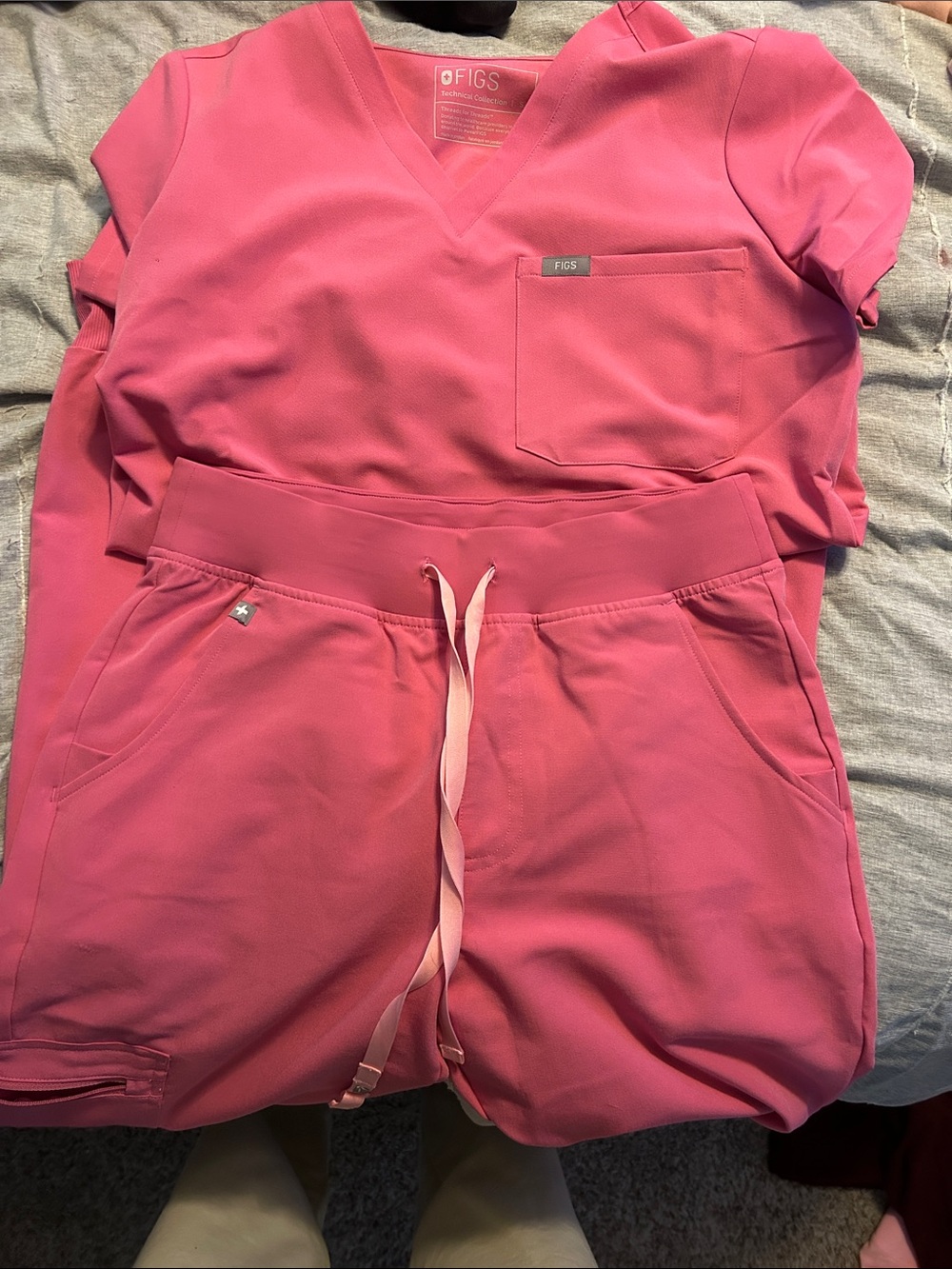 Figs Hot Pink V-Neck Scrub Top and Drawstring Pants
